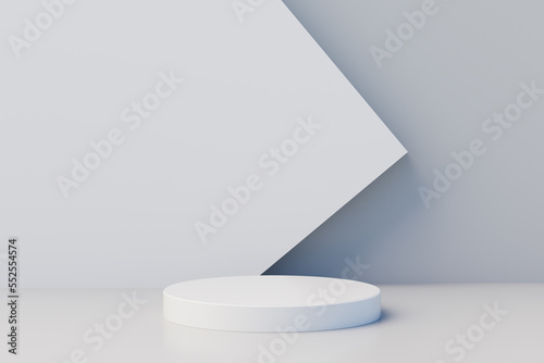 Geometric step white pedestal podium platform for cosmetic product presentation.Mock up design empty space. 3d illustration