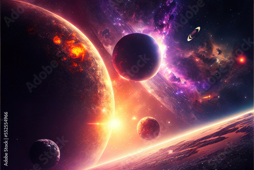 fantastic space landscape with planets and constellations of super bright colors