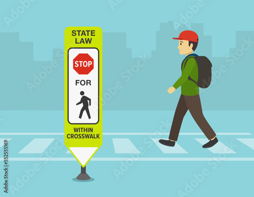 Pedestrian safety and car driving rules. Male kid crossing the street on crosswalk. Close-up of a "Stop for pedestrians within crosswalk. Flat vector illustration template.