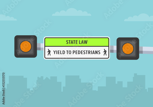 Traffic regulations and tips. Close-up view of a "Yield to pedestrians" state road sign with flash lights. Flat vector illustration template.