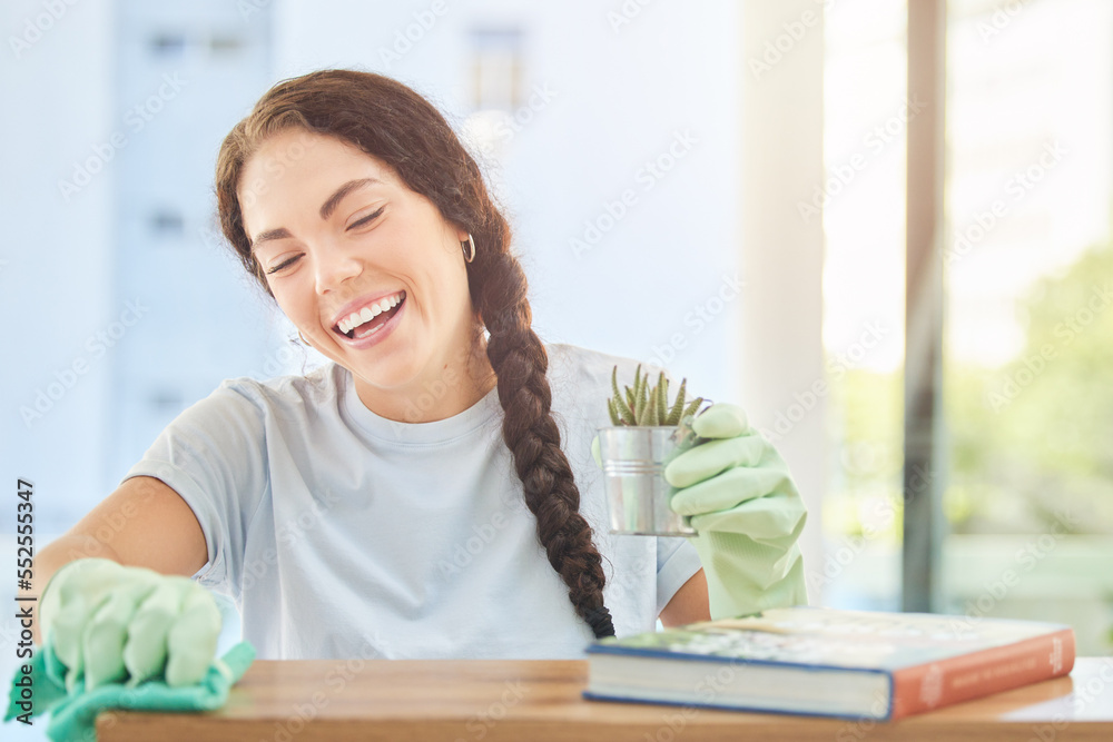 Cleaning, fabric and smile with woman and desk at home for housekeeping, hygiene and disinfection. Dirt, dust and bacteria with girl cleaner wiping with cloth for sanitary, domestic and washing Cleaning, fabric and smile with woman and desk at home for housekeeping, hygiene and disinfection. Dirt, dust and bacteria with girl cleaner wiping with cloth for sanitary, domestic and washing