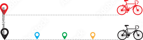 Bike icon dotted line path with start point. Set of bicycle way trace with location or map pins and dotted route. Vector illustration.