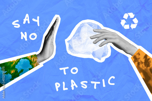 Collage 3d image of pinup pop retro sketch of hands asking say no to plastic bags isolated painting background photo