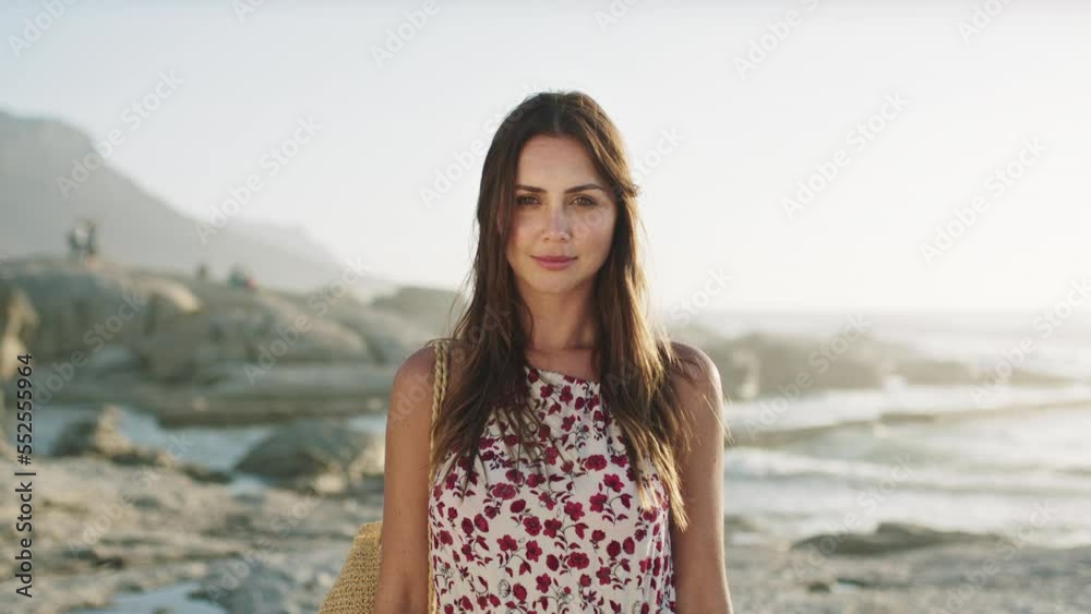 Woman portrait, beach and travel holiday in summer, nature and freedom while relax, calm and content in Cape town, South Africa. Young female tourist on vacation at the sea, ocean or enjoy travelling Woman portrait, beach and travel holiday in summer, nature and freedom while relax, calm and content in Cape town, South Africa. Young female tourist on vacation at the sea, ocean or enjoy travelling