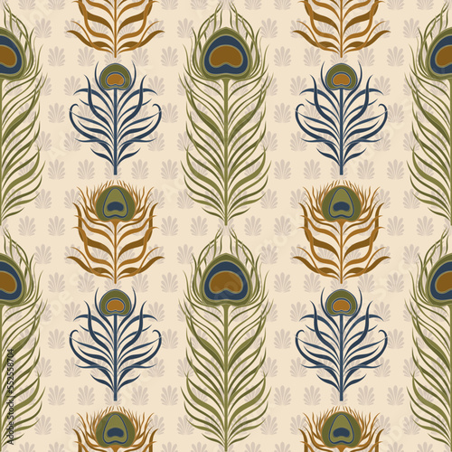 Peacock pattern feather vintage style set. Art deco, nouveau 1920-1930 design.