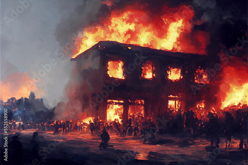 Burning house. Dangerous fire at night