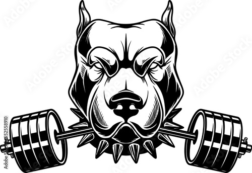Angry dog head with gym barbell in teeth. Design element for logo, sign, emblem. Vector illustration