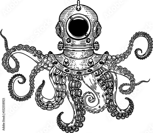 Illustration of vintage diver helmet with octopus tentacles. Design element for poster, card, t shirt. Vector illustration