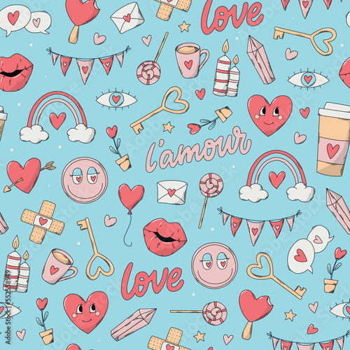 Valentine's dat seamless pattern with doodles on blue background for wrapping paper, scrapbooking, stationary, wallpaper, textile prints, etc. EPS 10