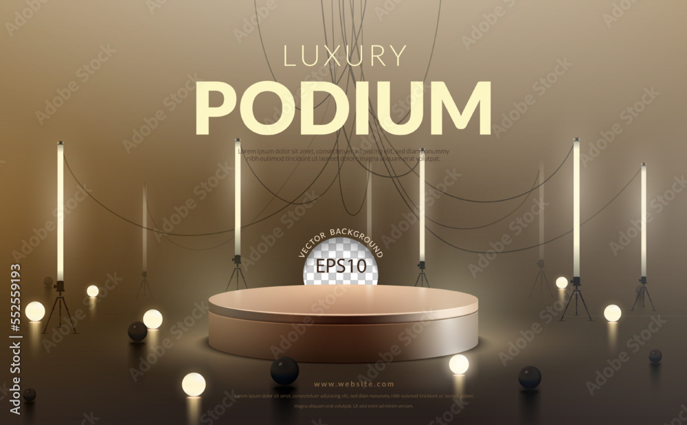 Luxury gold podium with golden neon light and glow ball on brown background for product display, Vector illustration
