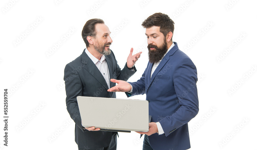 Lets do this. Startup project managers isolated on white. Bearded men run startup business. E-business. Startup company. E-trading. E-commerce. Online marketing. Consulting for tech startup or IT
