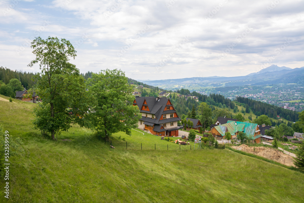 View from Gubalowka Hill to Tatra Mountains Zakopane Poland. - obrazy, fototapety, plakaty 
