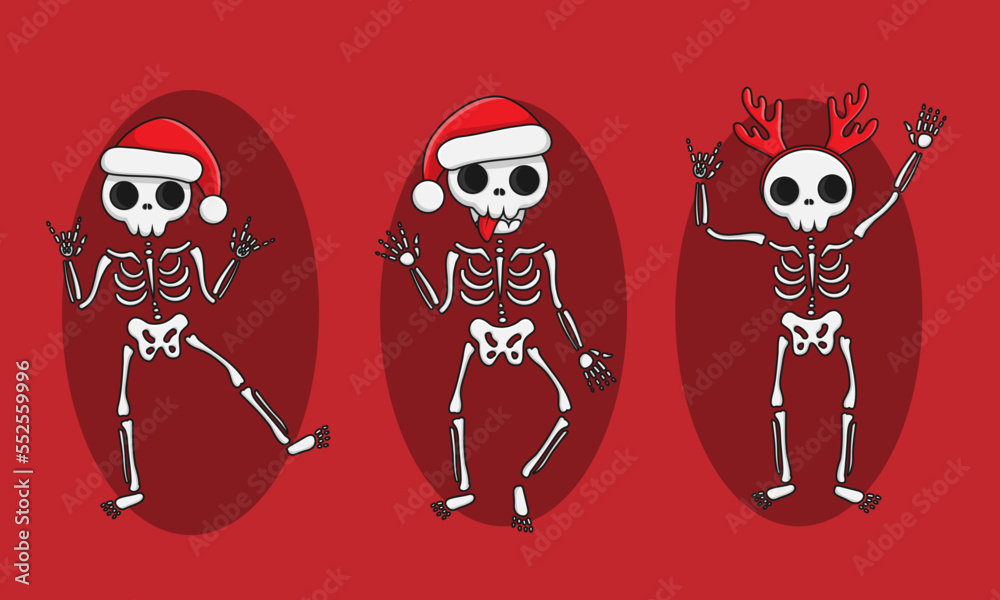 Collection of Christmas Illustration of a cute new year skeleton in a santa hat, Merry Christmas illustrations Collection of Christmas Illustration of a cute new year skeleton in a santa hat, Merry Christmas illustrations