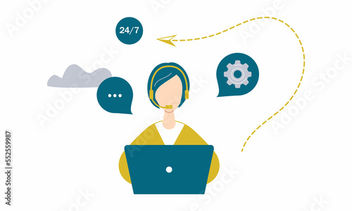 Customer service worker woman with headsets service or consult customers on computers.Hotline operator work 24/7, global online technical support, Call center, call processing system. Raster