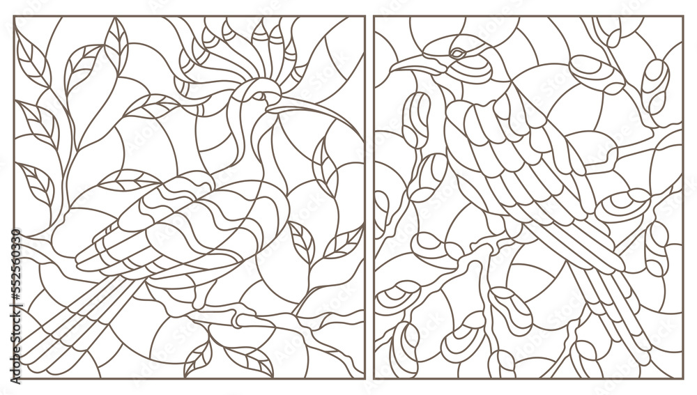 A set of contour illustrations in the style of stained glass with birds on tree branches, dark contours on a white background A set of contour illustrations in the style of stained glass with birds on tree branches, dark contours on a white background