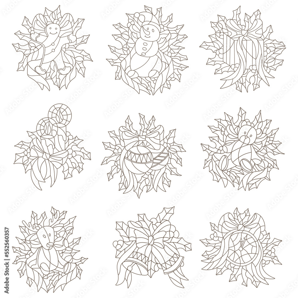 A set of contour illustrations in the style of stained glass with Christmas compositions dark contours on a white background A set of contour illustrations in the style of stained glass with Christmas compositions dark contours on a white background