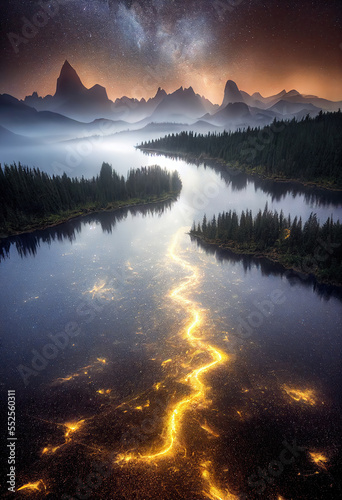 Fantastic landscape with stars reflected in the river. AI © Oleksandr Blishch