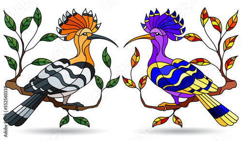 Set of illustrations in stained glass style with bright  hoopoe birds  animals on branches isolated on a white background