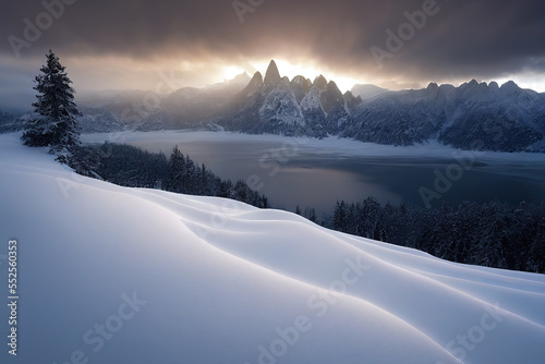 Beautiful winter landscape, dramatic sunset over mountains. AI