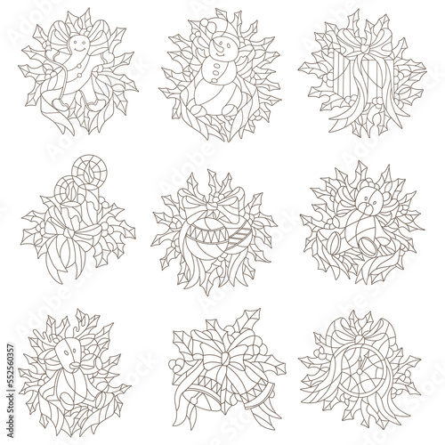 A set of contour illustrations in the style of stained glass with Christmas compositions dark contours on a white background