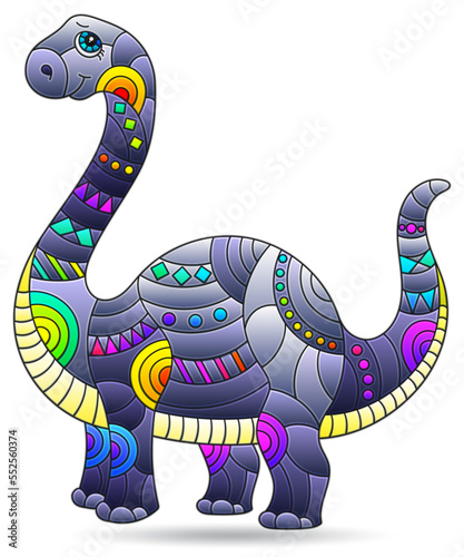 Illustrations in the style of stained glass with bright dinosaur, animal isolated on a white background