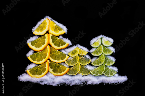 Christmas card made of citrus fruits - Christmas trees