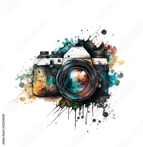 A colorful painting of an SRL camera on transparent background, Generative AI.