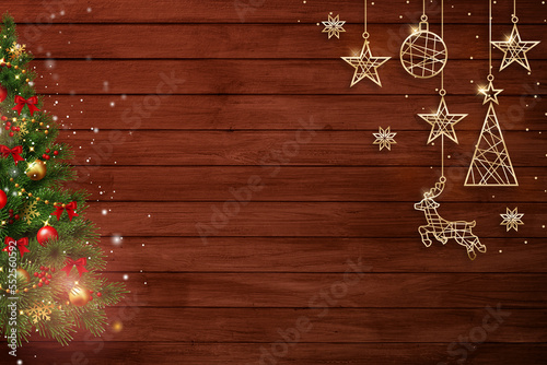 Christmas copy space, wooden background with trees and christmas ornament. suitable for christmas gift card