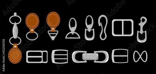 Steel buckles and metal fittings. Leather Belt with Buckle and leather key chains, metal carabiners. Leather strapping. Haberdashery strapping accessories