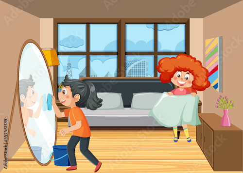 Kids cleaning room together