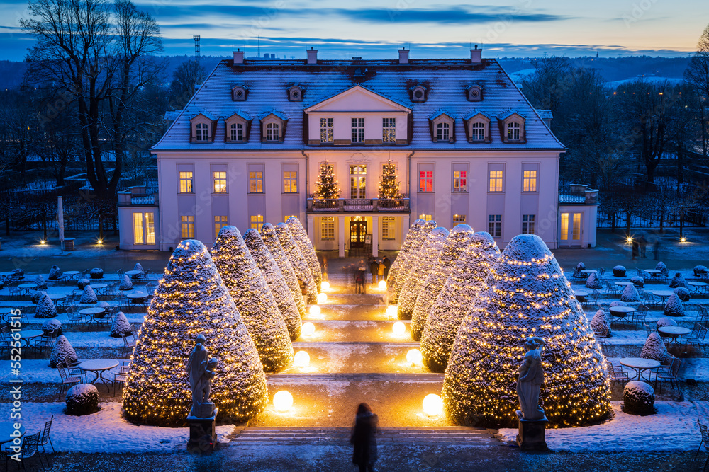 Weihnachtliche Stimmung im Park Schloss Wackerbarth, Radebeul - obrazy, fototapety, plakaty 