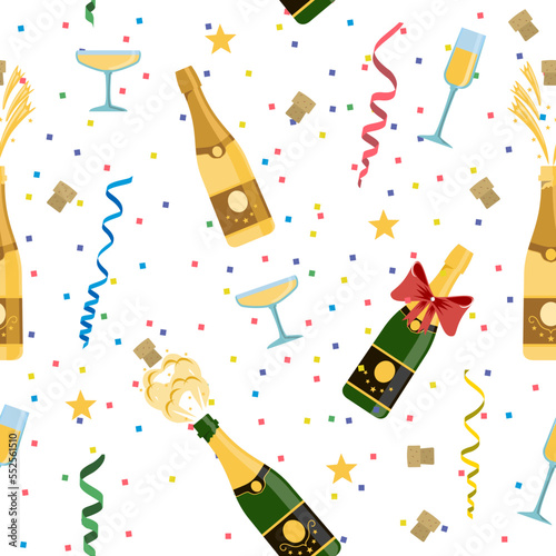 Champagne bottles and glasses vector seamless pattern on white background. Champagne explosion and champagne flutes. Holiday seamless pattern
