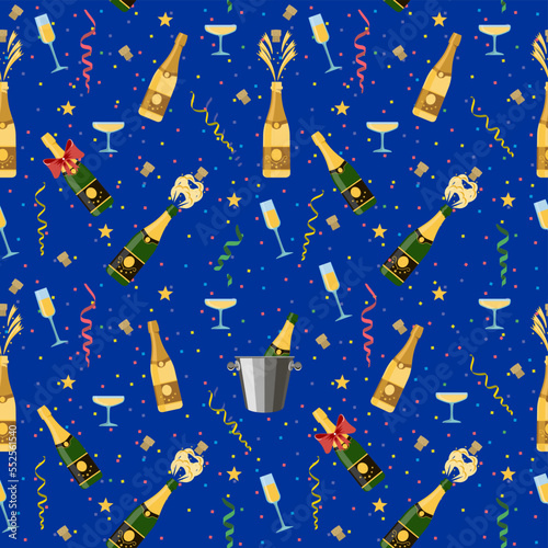 Champagne seamless pattern. Dark background. Holiday seamless pattern with sham and extracted cork. Cocktail party. Vintage design for print on wrapping paper