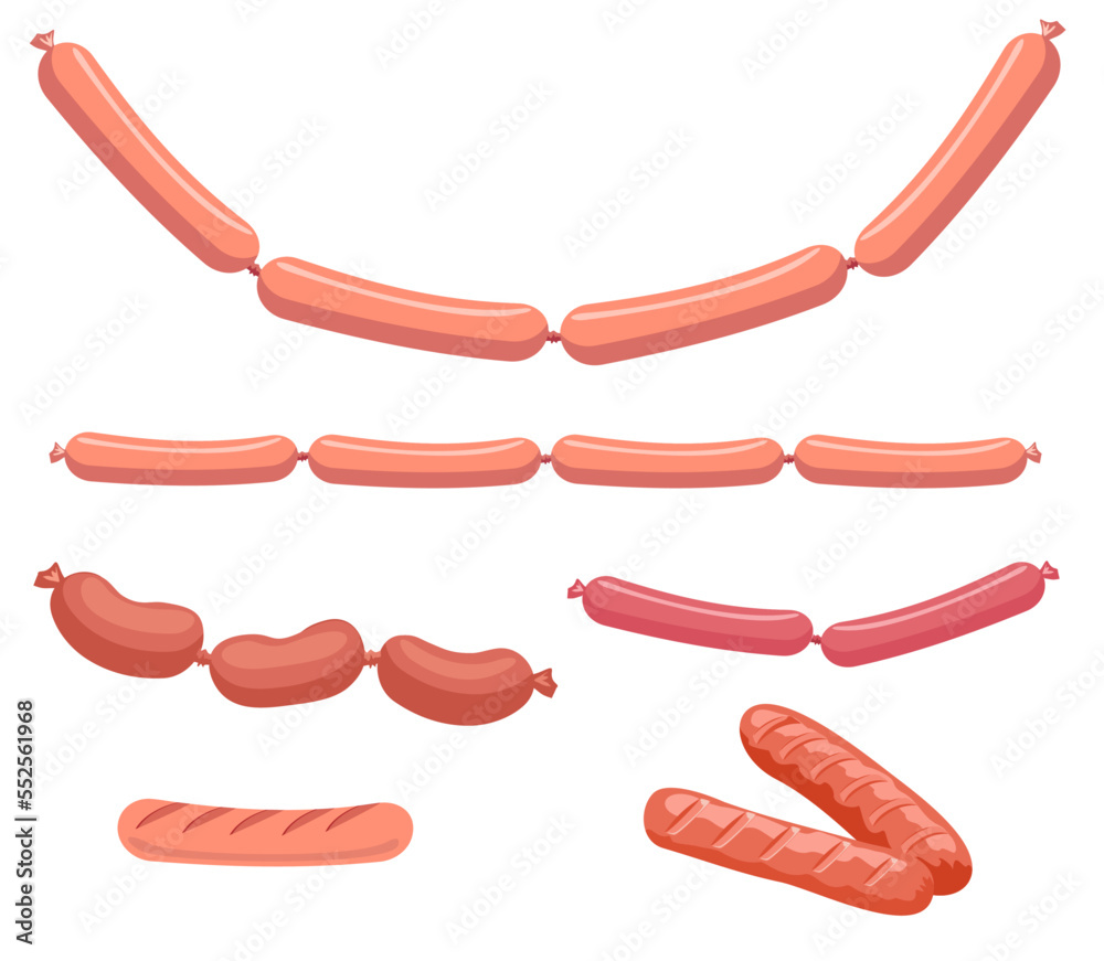 Fresh raw sausages isolated on white top view. Classic boiled pork