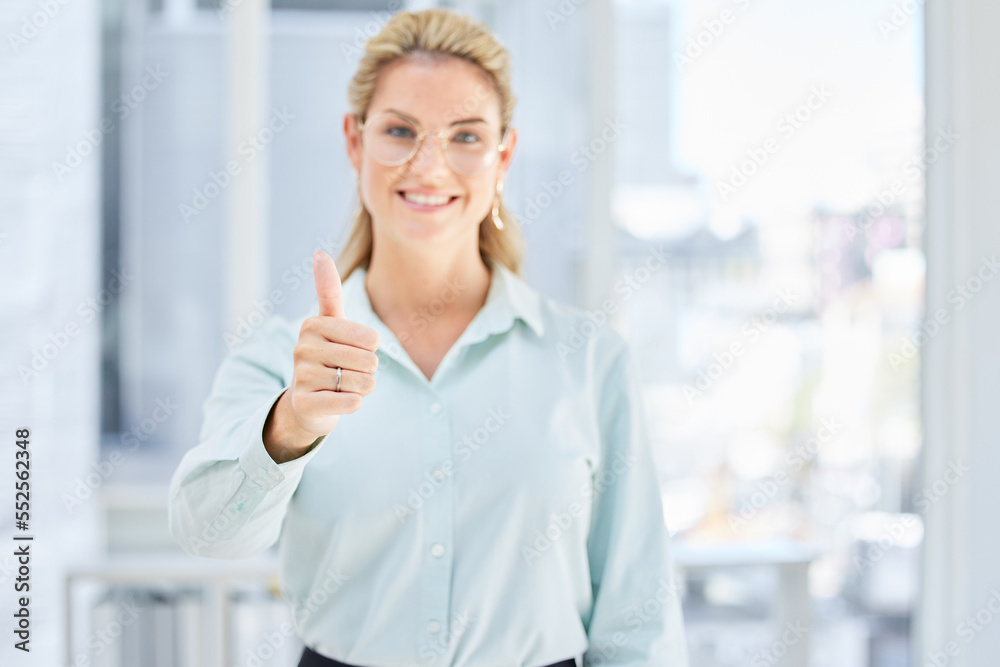 Leadership, success or business woman with thumbs up after review, financial report or sales goals in office building. Smile, hand or portrait of a happy employee with growth mindset, pride or praise