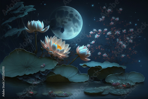 waterlily and moon in starry night   illustration