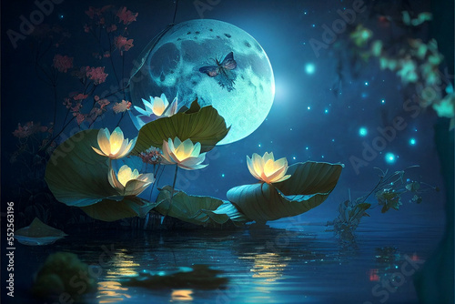 waterlily and moon in starry night , illustration