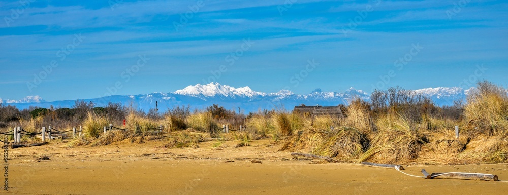 dunes in the sand with snow covered mountains in the background
