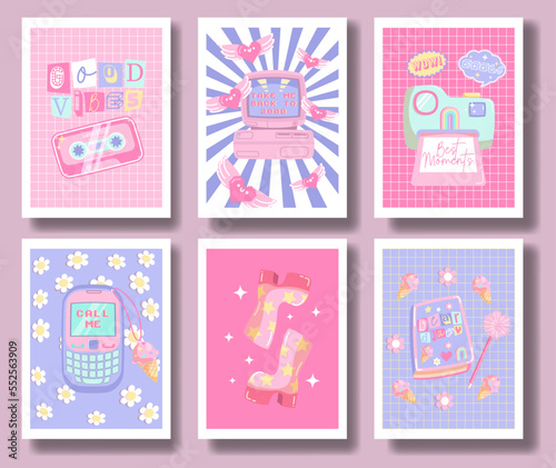 Collage of y2k style background vector. Set of lovely vibes wallpaper, pink color, camera, tape recorder, diary, good vibes. Trendy girly 90s, 2000s poster for banner, prints, decorative, cover.