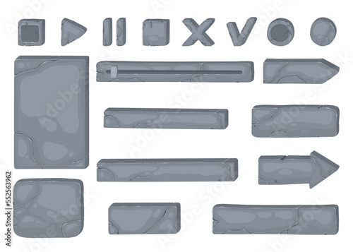 Stone plates, boards, banners for games. GUI design elements set. Rock, metal panels, buttons, keys, frames, arrows, objects for navigation. Flat vector illustration isolated on white background