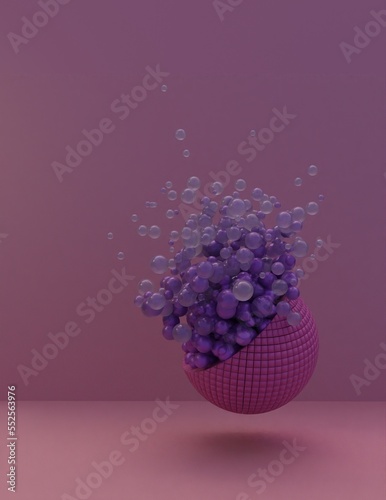 Abstract scene. purple bubbles coming out of a pink sphere. 3d render illustration