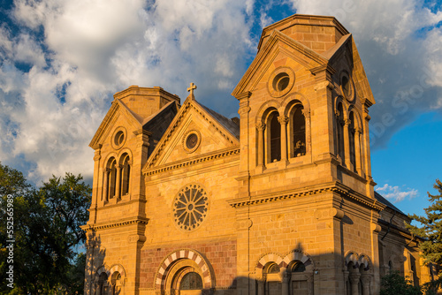 Dramatic sky over the Cathedral Basilica in Santa Fe, New Mexico