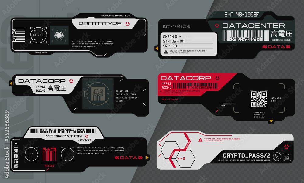 Cyberpunk decals set. Set of vector stickers and labels in futuristic style. Inscriptions and symbols, Japanese hieroglyphs for danger, attention, AI controlled, high voltage, warning. - obrazy, fototapety, plakaty 