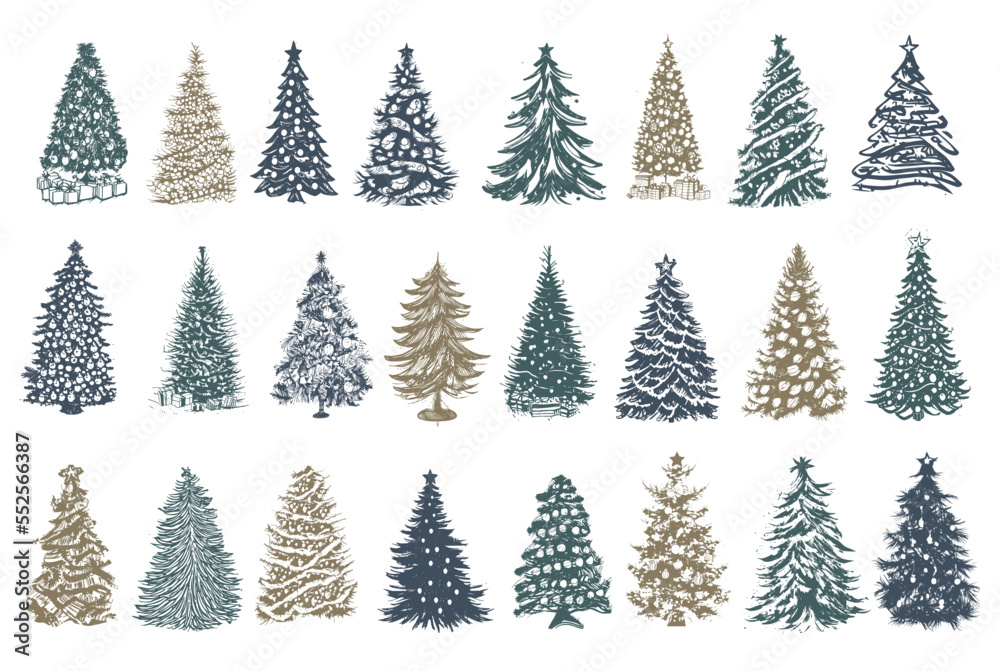 Fototapeta premium Christmas tree set, Hand drawn illustrations