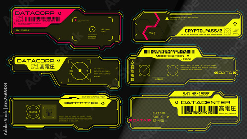 Cyberpunk decals set. Set of vector stickers and labels in futuristic style. Inscriptions and symbols, Japanese hieroglyphs for danger, attention, AI controlled, high voltage, warning. HUD Interface.