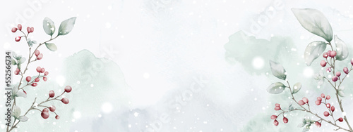 Abstract art watercolor of berries branches and snow fall designed on stains background
