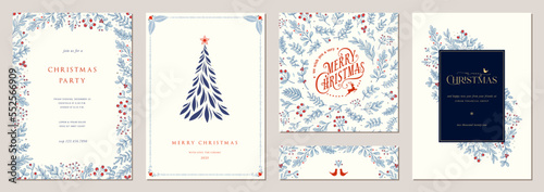 Winter Holiday cards. Christmas templates. Universal ornate floral decorative frames with copy space, Christmas Tree, reindeer, birds and greetings. 