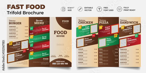 Trifold Food menu Brochure Template. restaurant menu. Fast-food healthy meals delicious food, dessert trifold design.