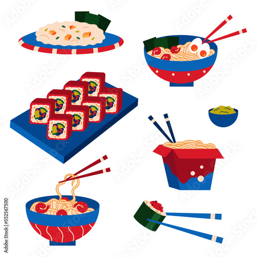Colorful asian food set. Chinese soup ramen, rice with meat, sushi, noodles and sauces isolated on a white background.