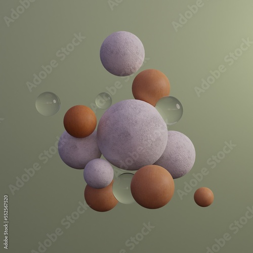 3d render illustration, abstract plaster, glass and wooden spheres, geometric background, pastel balls, minimalistic design